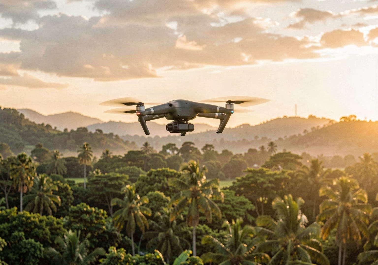 Dron sobrevolando un paisaje verde de Panamá al atardecer, listo para grabar tomas aéreas