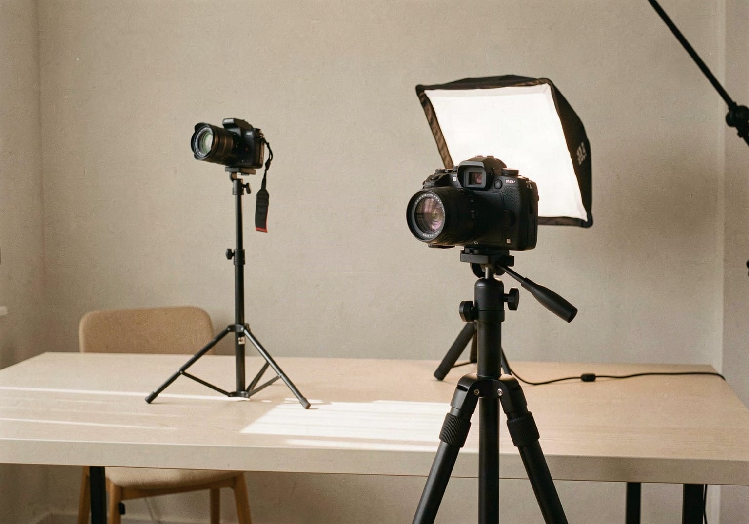Cámara réflex profesional sobre un trípode, lista para una sesión de fotos de producto