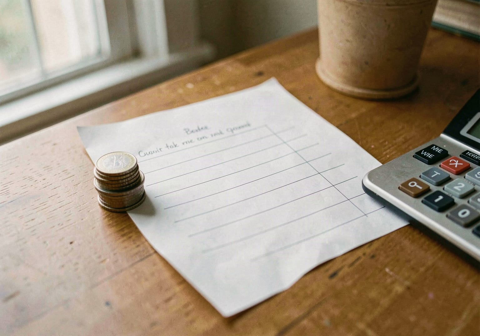 Monedas junto a una hoja de presupuesto escrita a mano y una calculadora sobre un escritorio de madera